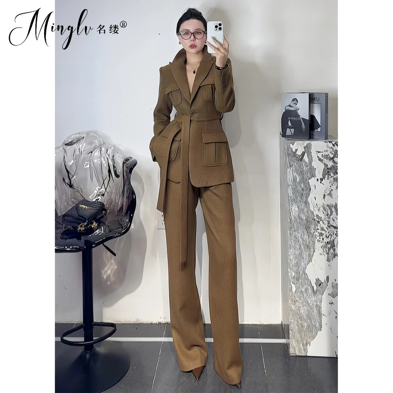 名缕轻熟风时尚套装高级感毛呢系带修身西服阔腿裤职业两件套