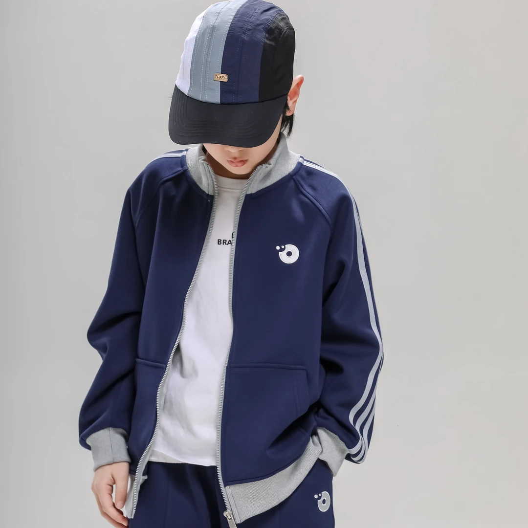 儿童美式复古插肩拉条外套2025新春秋款潮流拉链开衫