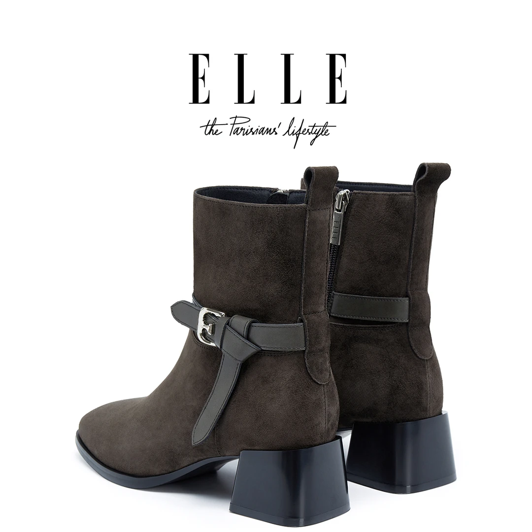 ELLE绒面粗跟高跟鞋小短靴女2025爆款切尔西靴中跟5CM圆头瘦瘦靴
