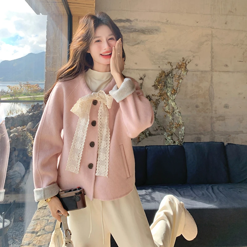 粉色小香风蕾丝系带双面羊毛大衣女秋冬韩系甜美减龄短款毛呢外套