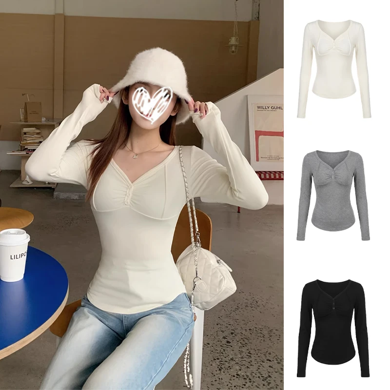 2025秋冬新款辣妹V领长袖T恤女褶皱设计感加绒百搭气质感上衣