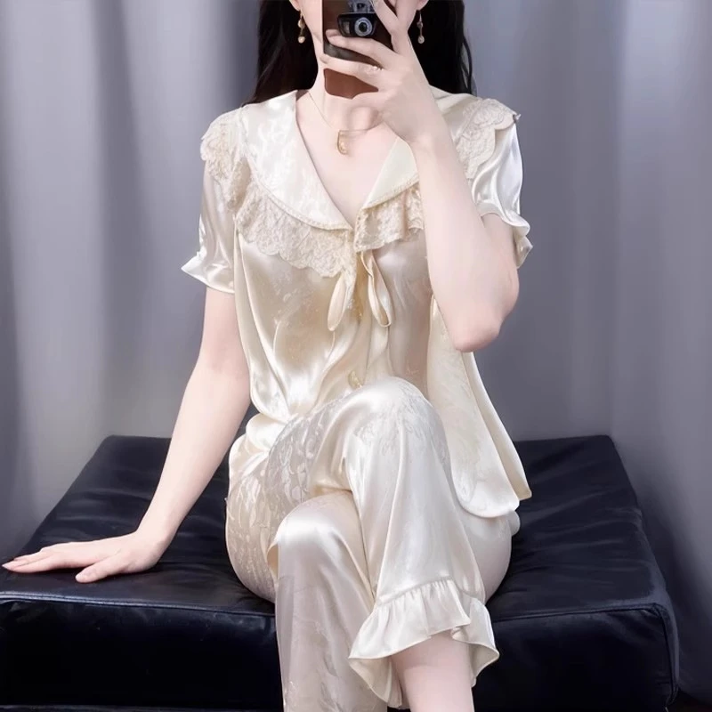 tpvl2025新款法式水光绸睡衣女夏季短袖家居服套装2025新款宫廷风