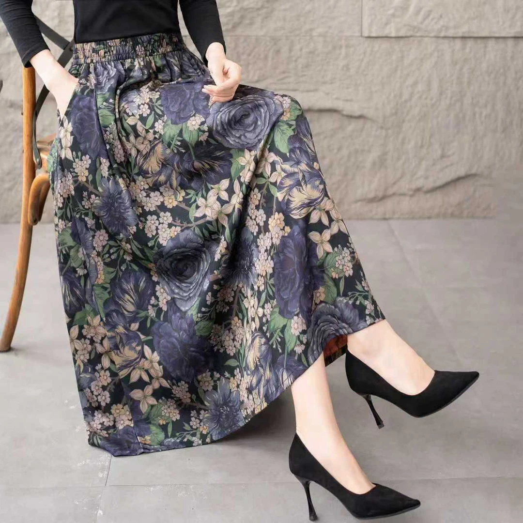 新款花萝提花云锦缎百搭高腰垂感松紧腰显瘦薄款半身裙C066