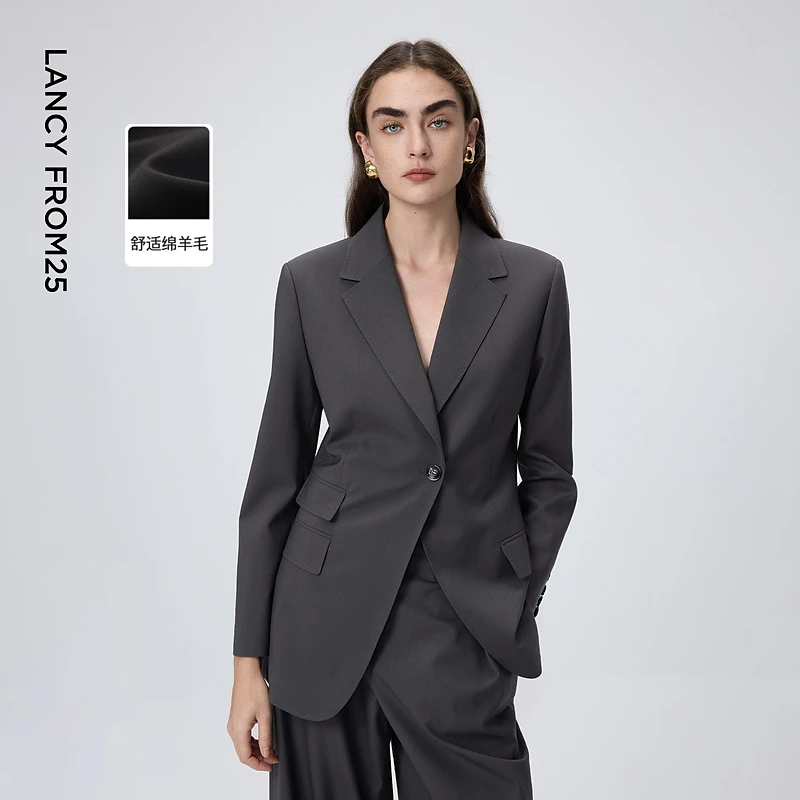 朗姿羊毛双排扣叠褶西装平驳领通勤时尚西服外套2026年春季新款