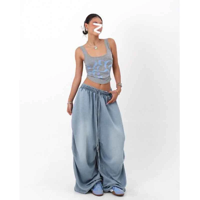 TWOMILLION辣妹U领印花吊带美背+跳舞百搭宽松垂感牛仔长裤套装