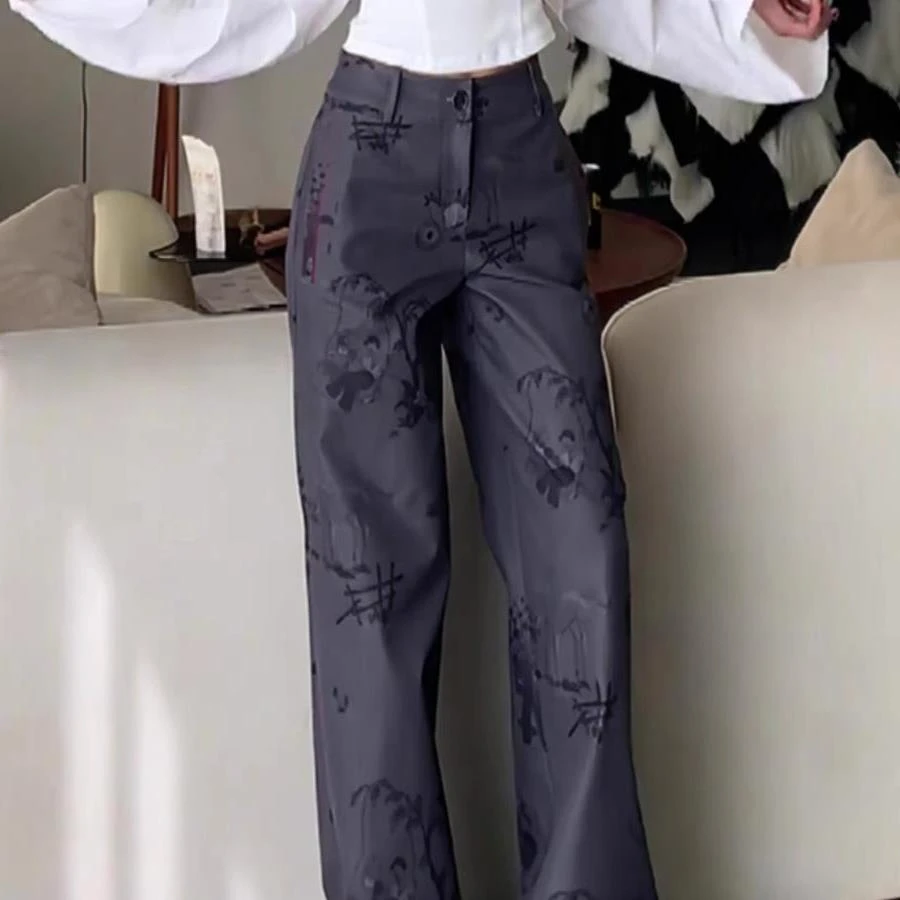 2025秋季新款休闲洋气灰色印花设计感直筒裤子女垂感百搭拖地长裤