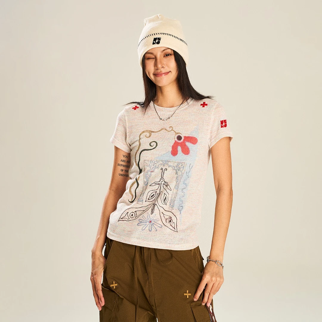 NSTNEW START发芽计划“花开”印花正肩彩纱合身休闲百搭短袖T恤