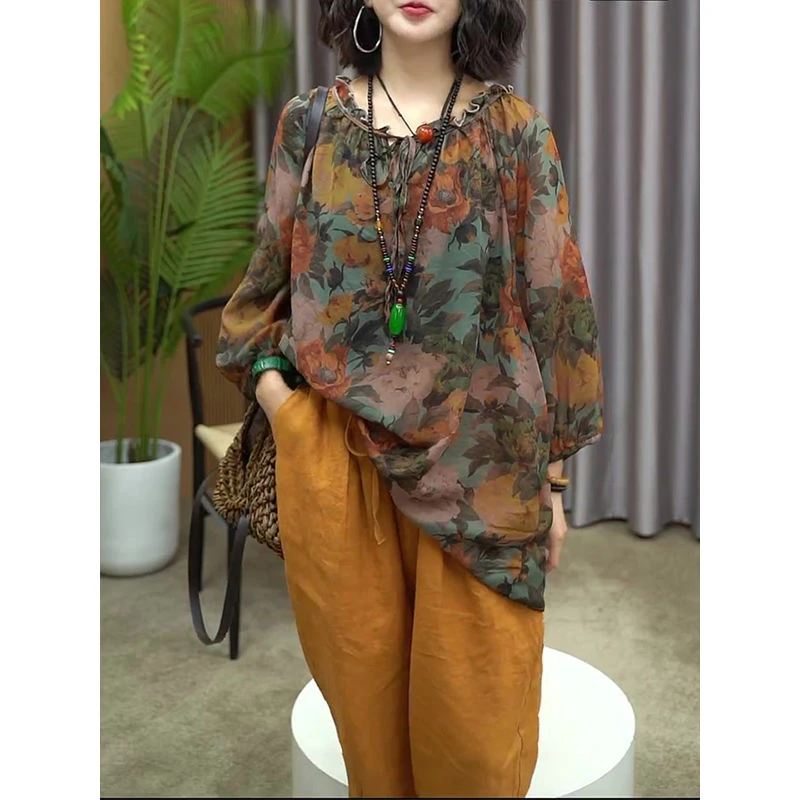 民族风气质套装女2025春装新款复古印花上衣+哈伦裤裤子两件套装