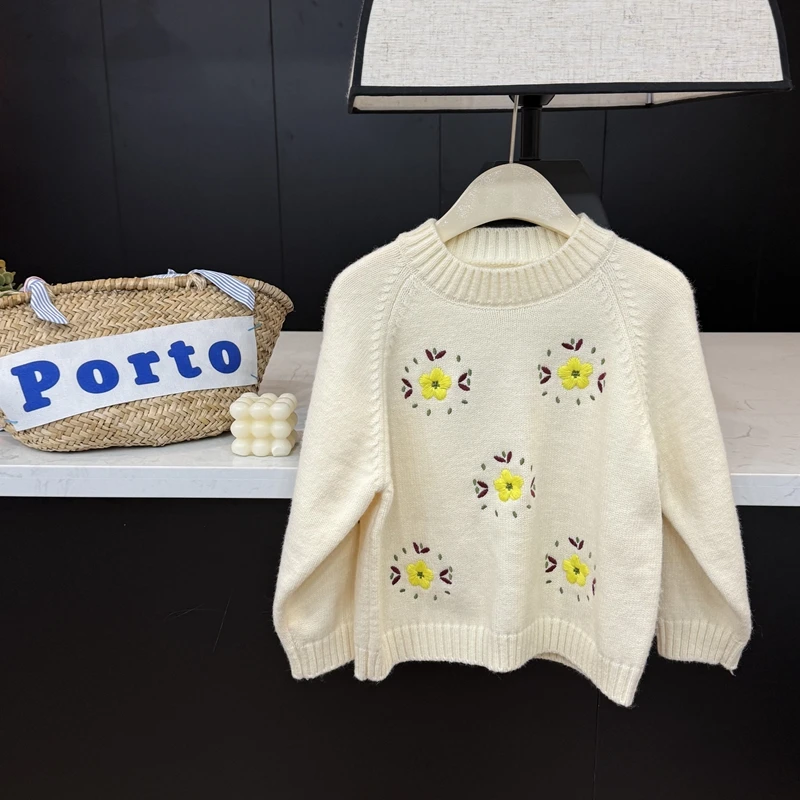 【现货】leomama女童刺绣毛衣儿童洋气打底衫秋冬装中大童针织上衣