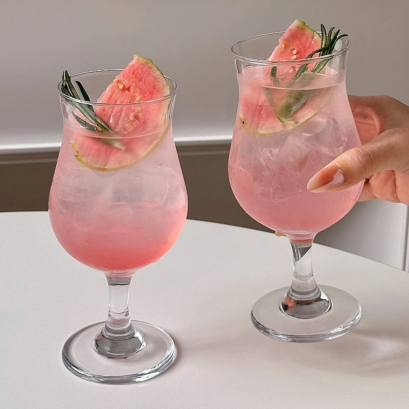 ins风果汁高脚玻璃杯家用女高颜值透明苏打气泡水果茶杯鸡尾酒杯