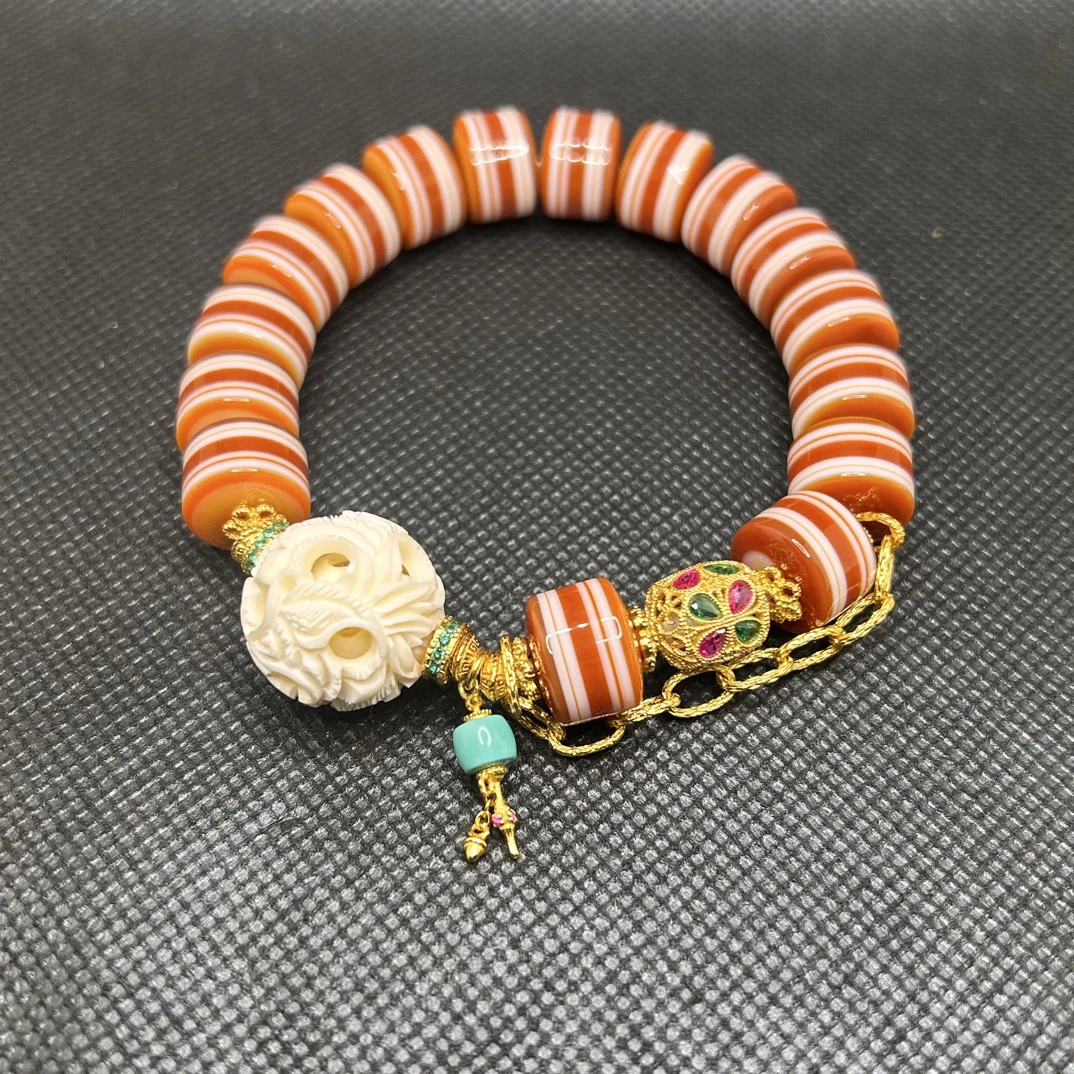 天然原矿红肉直切一线药师条纹玛瑙设计款精品手串12mm左右