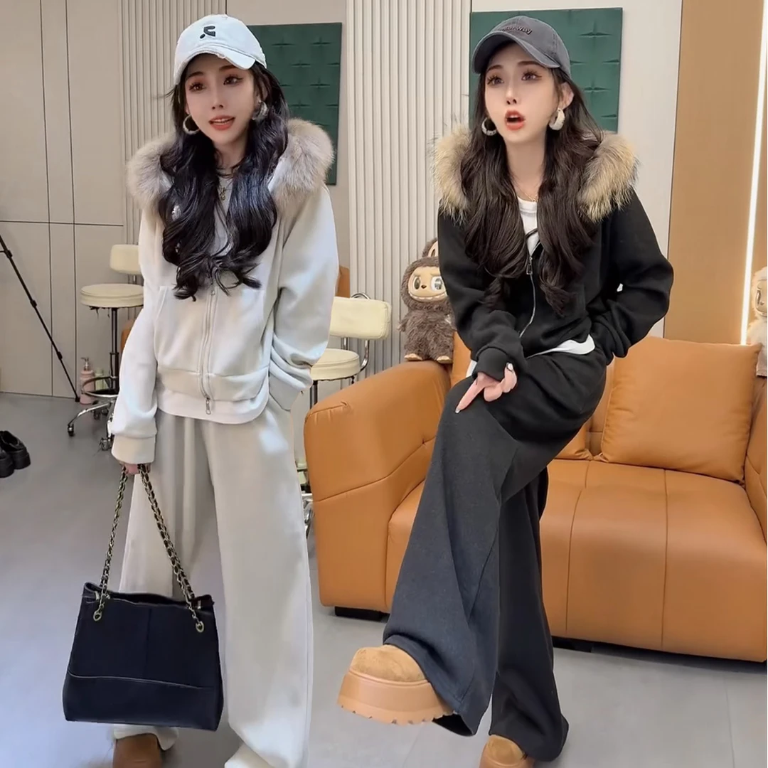 冬新款加绒运动服保暖套装女毛领开衫卫衣阔腿裤慵懒风休闲两件套