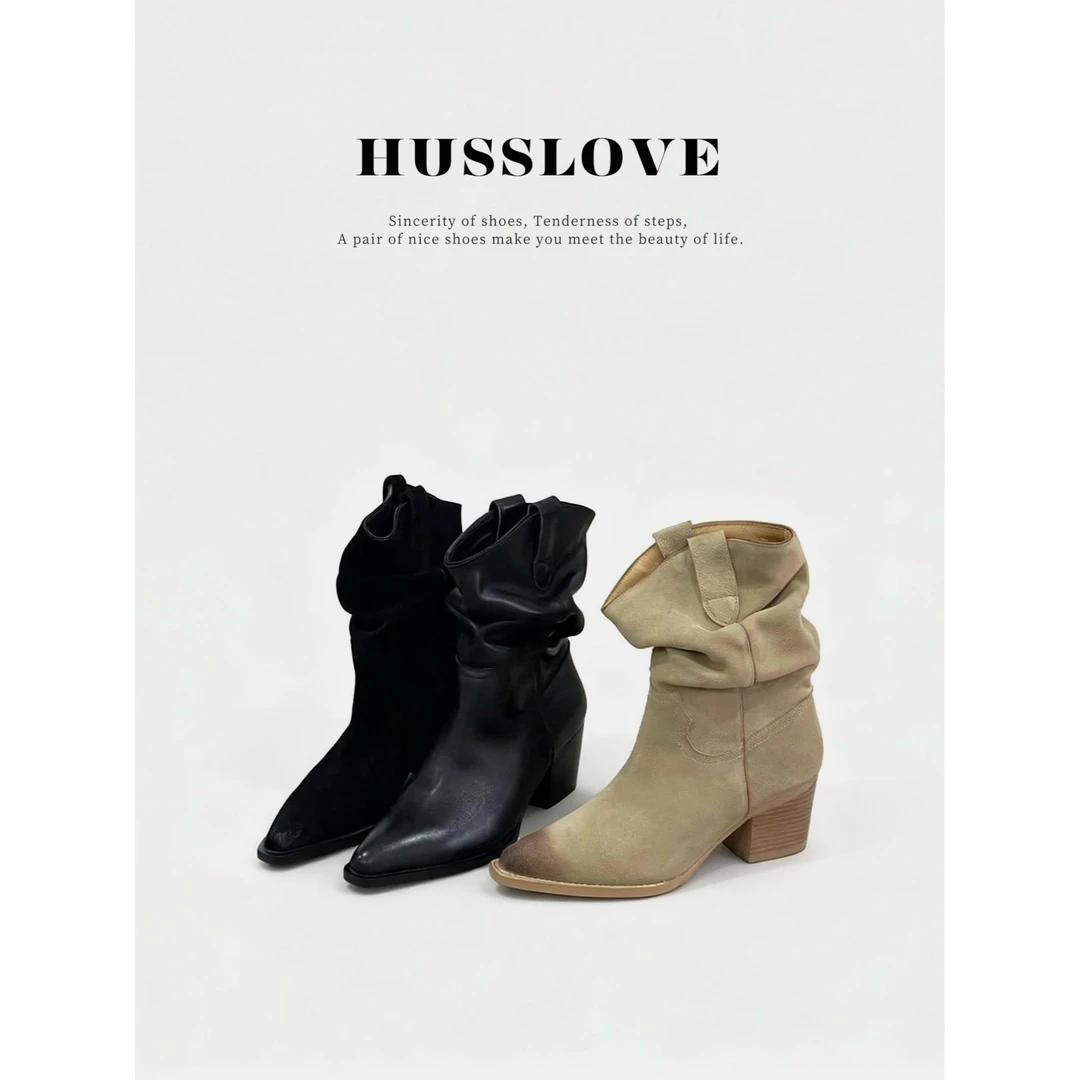 HUSSLOVE 头层牛皮·跟高6CM·时尚潮流许妍同款西部风牛仔堆堆靴