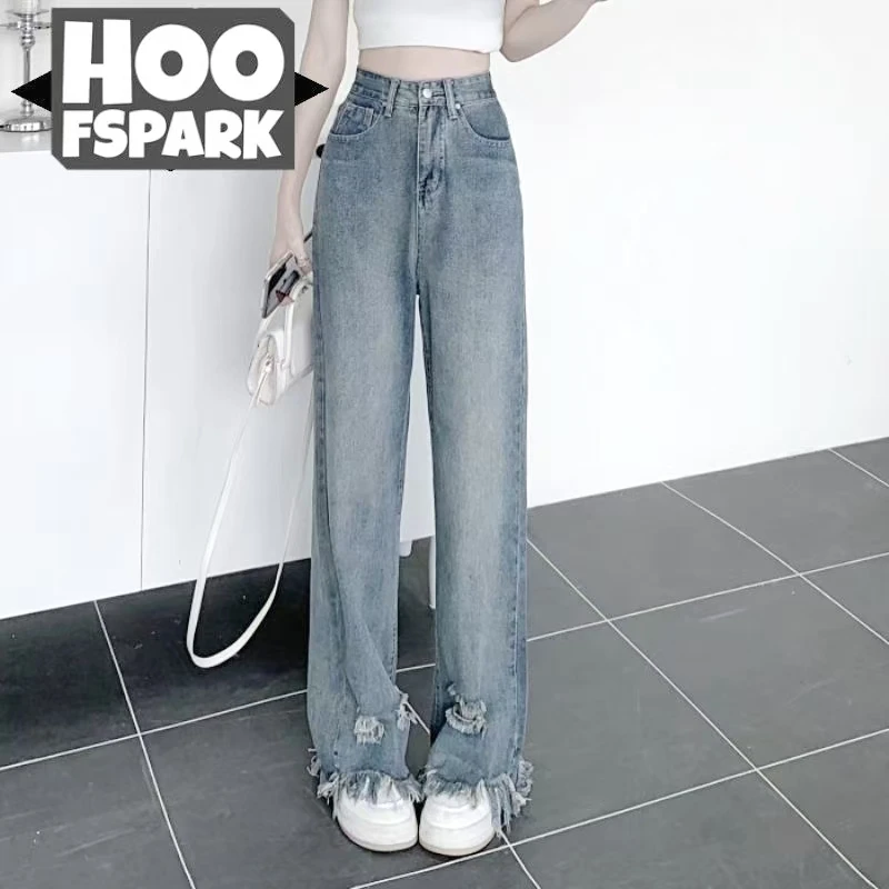 男女同款 2025破洞流苏微喇阔腿裤拖地裤牛仔裤宽松显高显瘦韩版