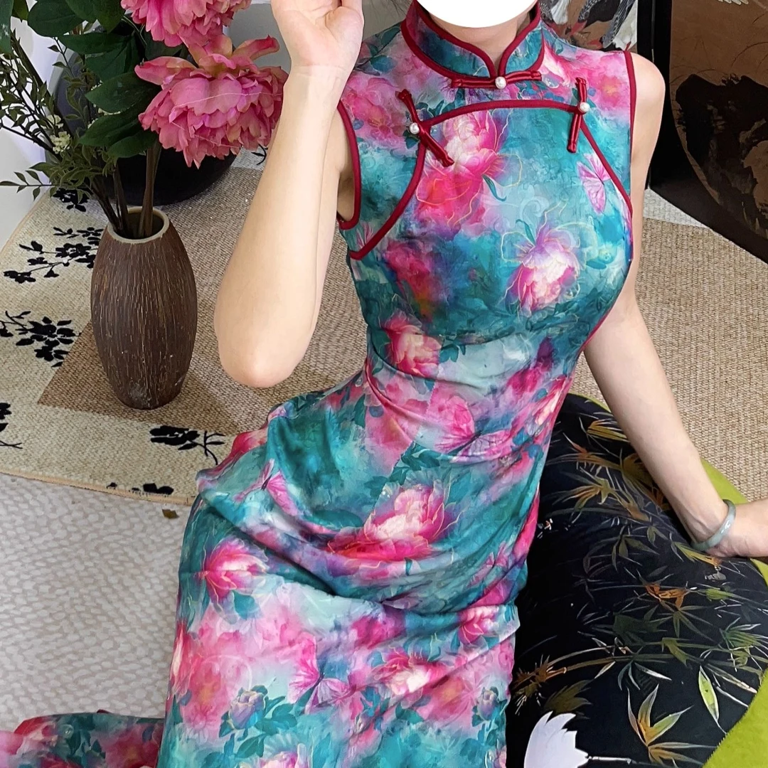 秋辞香~芍药牡丹 港工提花优雅缎面气质复古港风旗袍无袖中国风