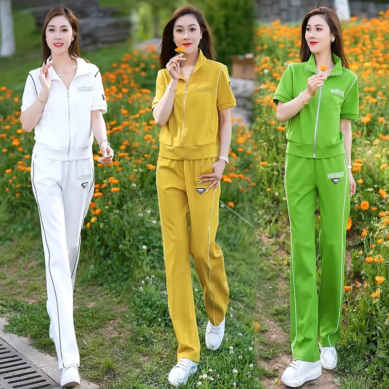 时尚运动服套装女夏季新款洋气显瘦短袖开衫上衣休闲阔腿裤两件套