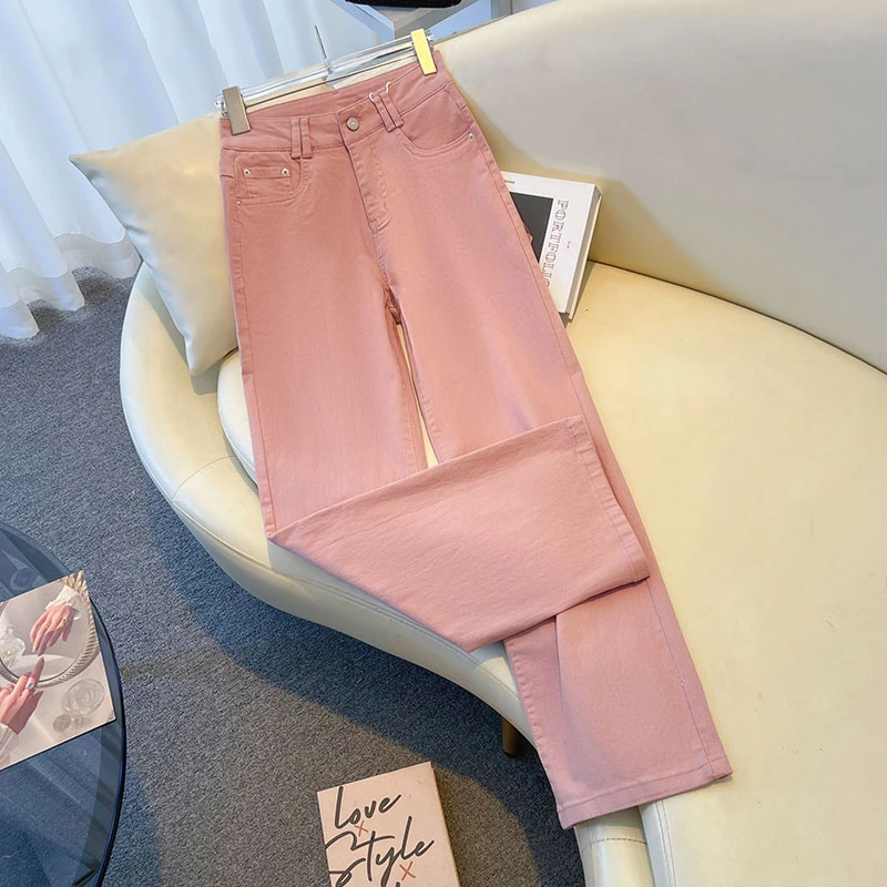 拉夏贝尔韩版粉色阔腿牛仔裤女2025春秋款高腰休闲显瘦宽松直筒裤