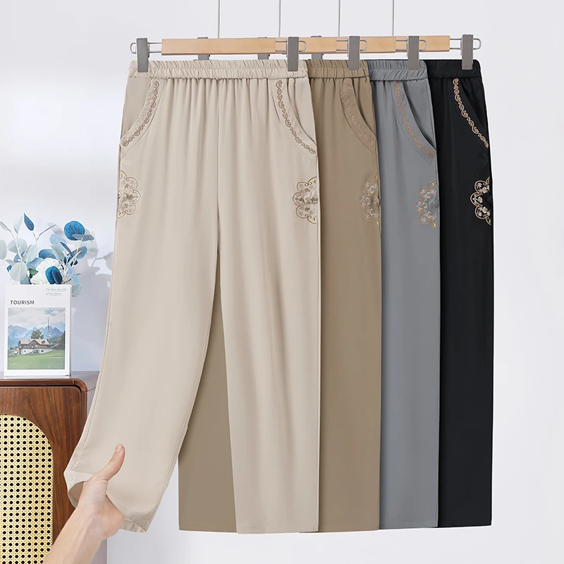 奶奶春夏新款长裤国风宽松直筒裤中老年妈妈夏季薄款松紧腰休闲裤