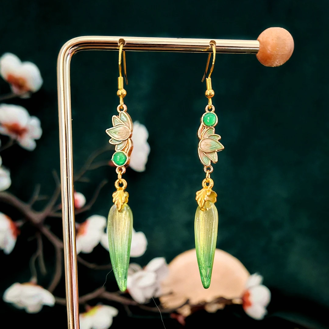 多吉米翠莲垂祥复古新中式原创高级感耳环耳夹耳饰配汉服旗袍