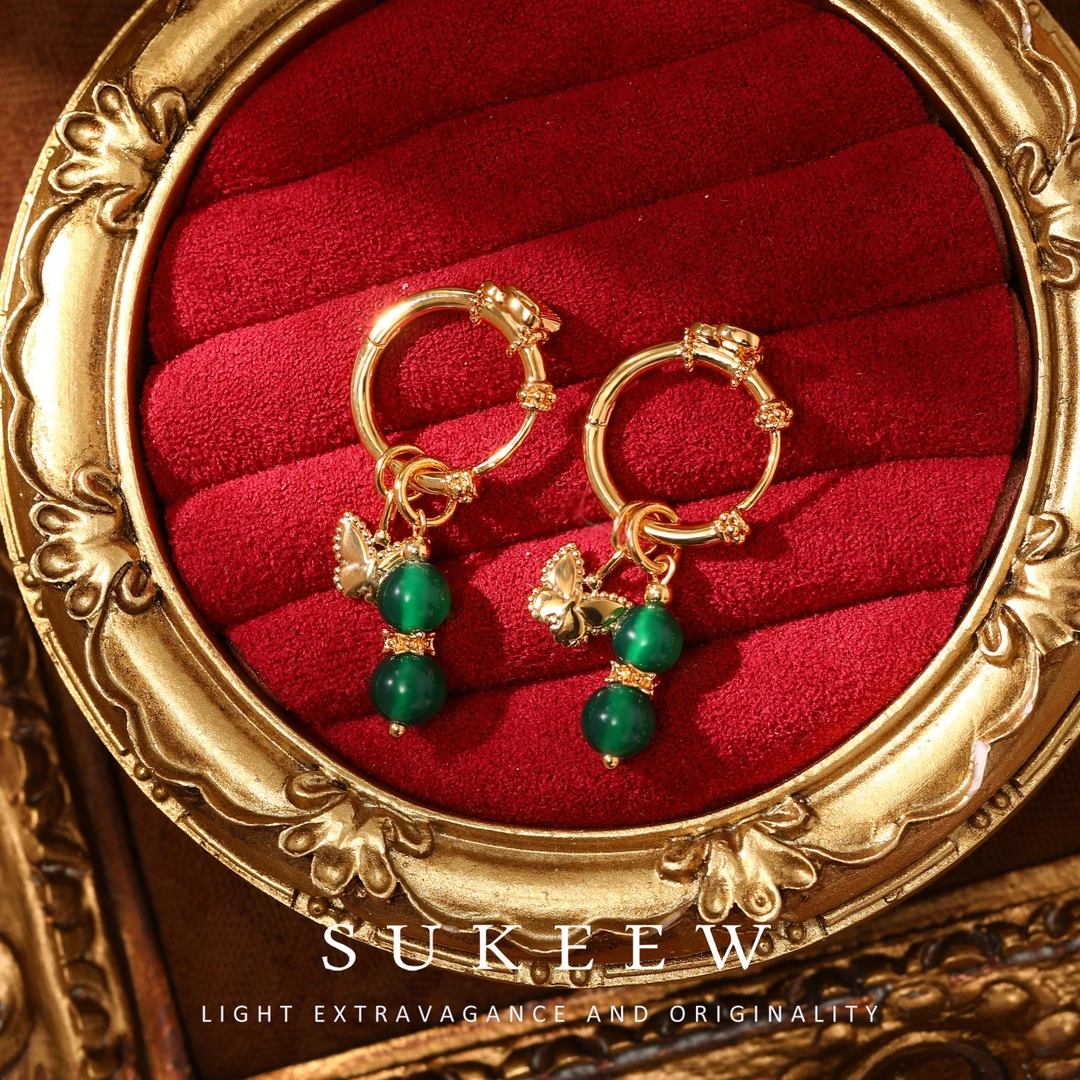 SUKEEW/酥可 镀K金【绿意蝶影】优雅小绿珠蝴蝶耳环493220