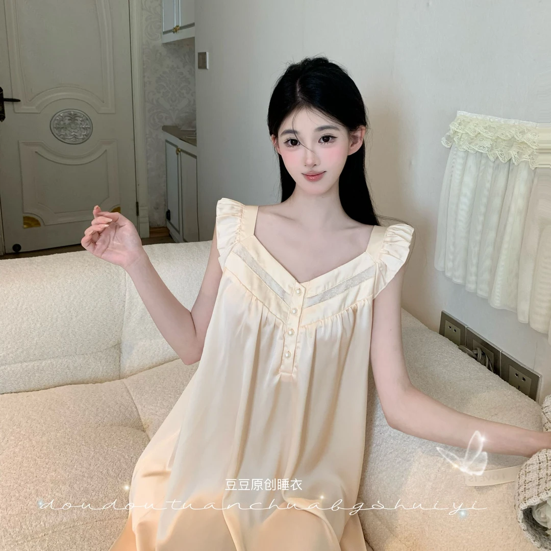 菠萝【柔雾假日】柔光软丝带胸墊睡裙高腰显夏天纯欲瘦显白显高睡衣