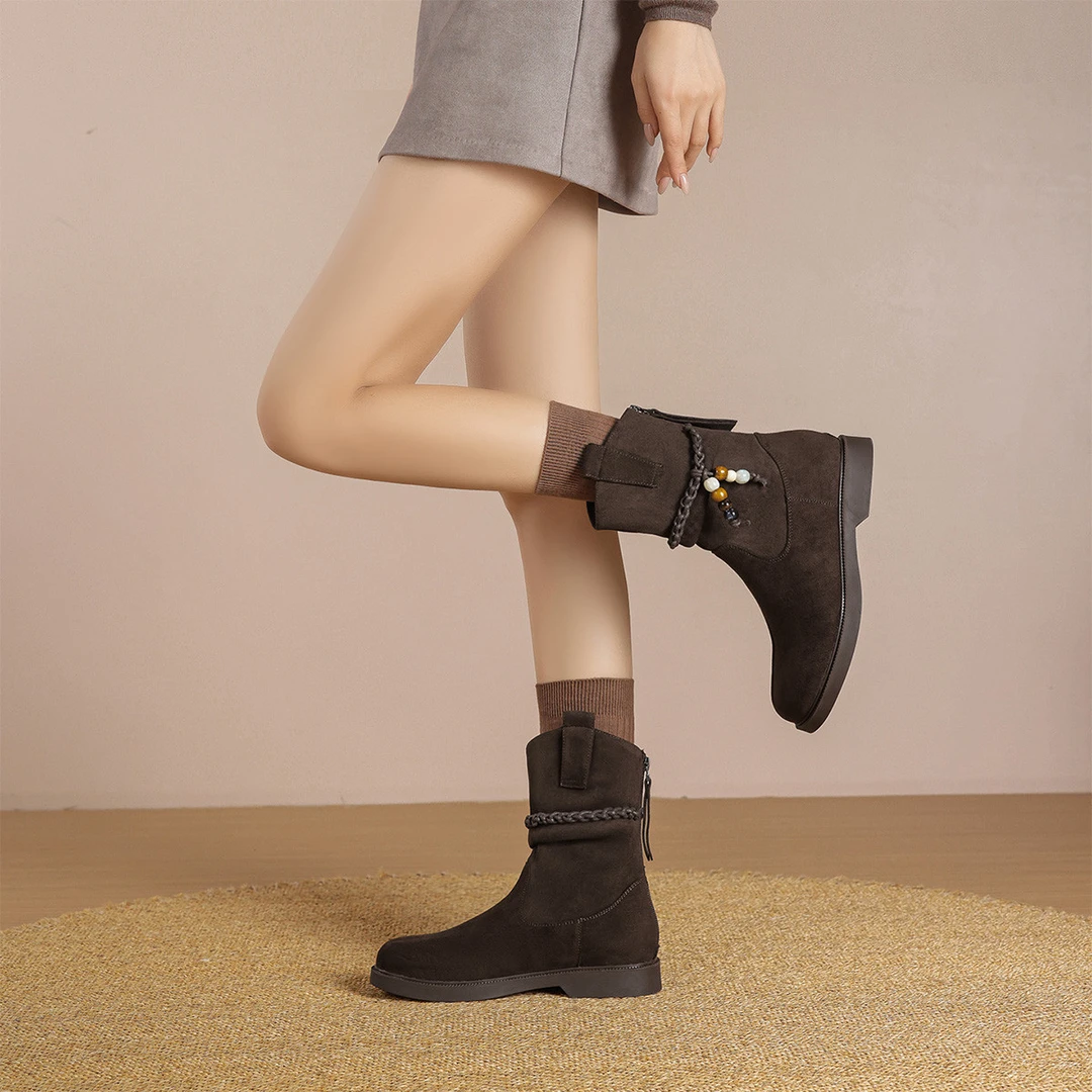 华耐串珠西部靴短靴女款2025秋冬新款复古美拉德切尔西褶皱堆堆靴