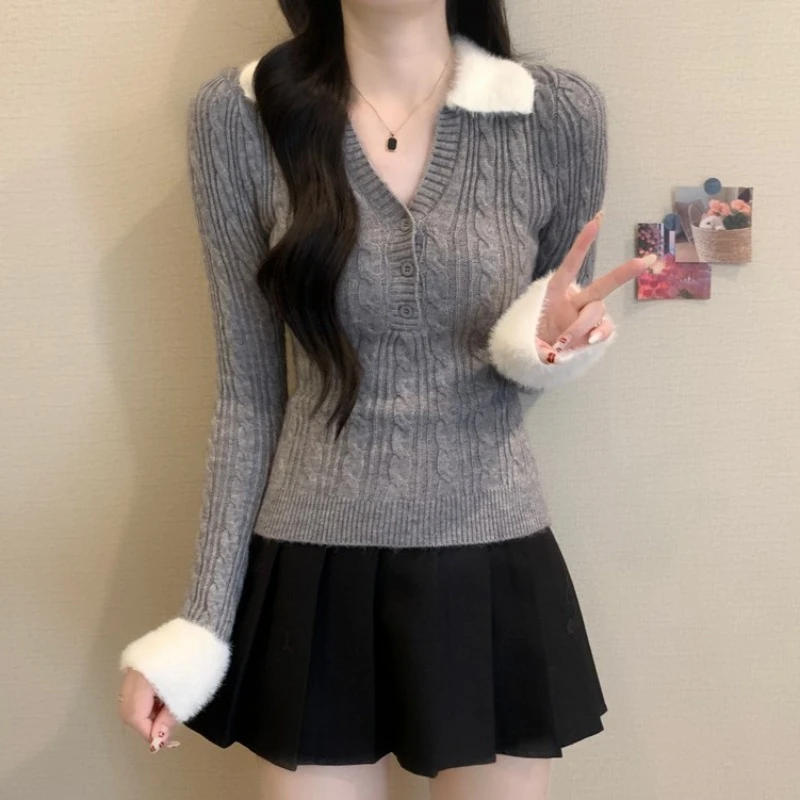 麻花毛衣女款2025秋冬新款V领针织衫内搭短款洋气上衣长袖打底衫