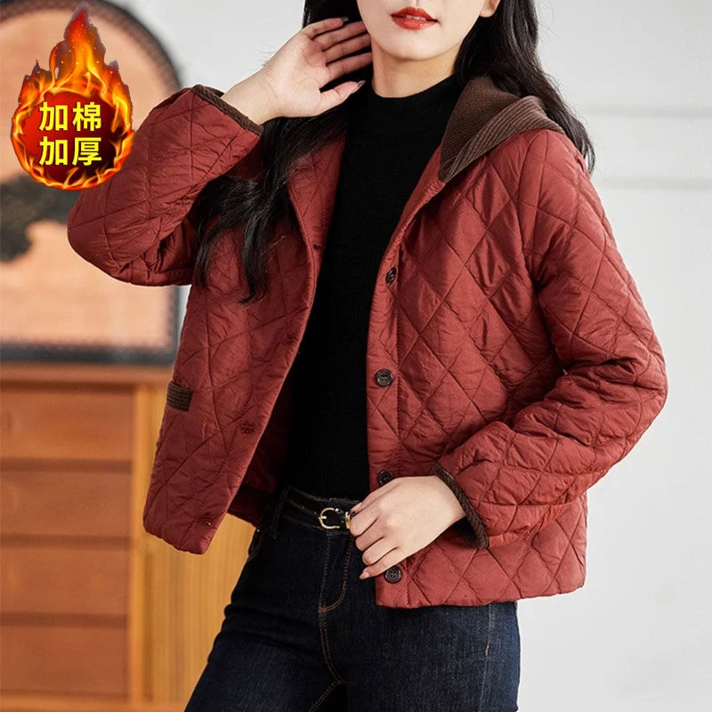 2025冬季轻薄菱形棉服女外套保暖棉衣时尚拼接洋气减龄小棉袄