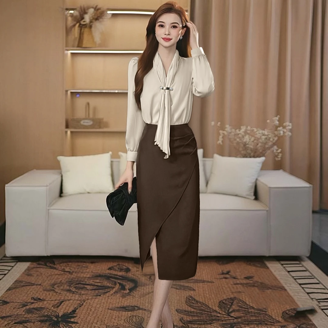 【两件套】飘带长袖衬衫女2025春秋设计感上衣+半身裙套装D3669