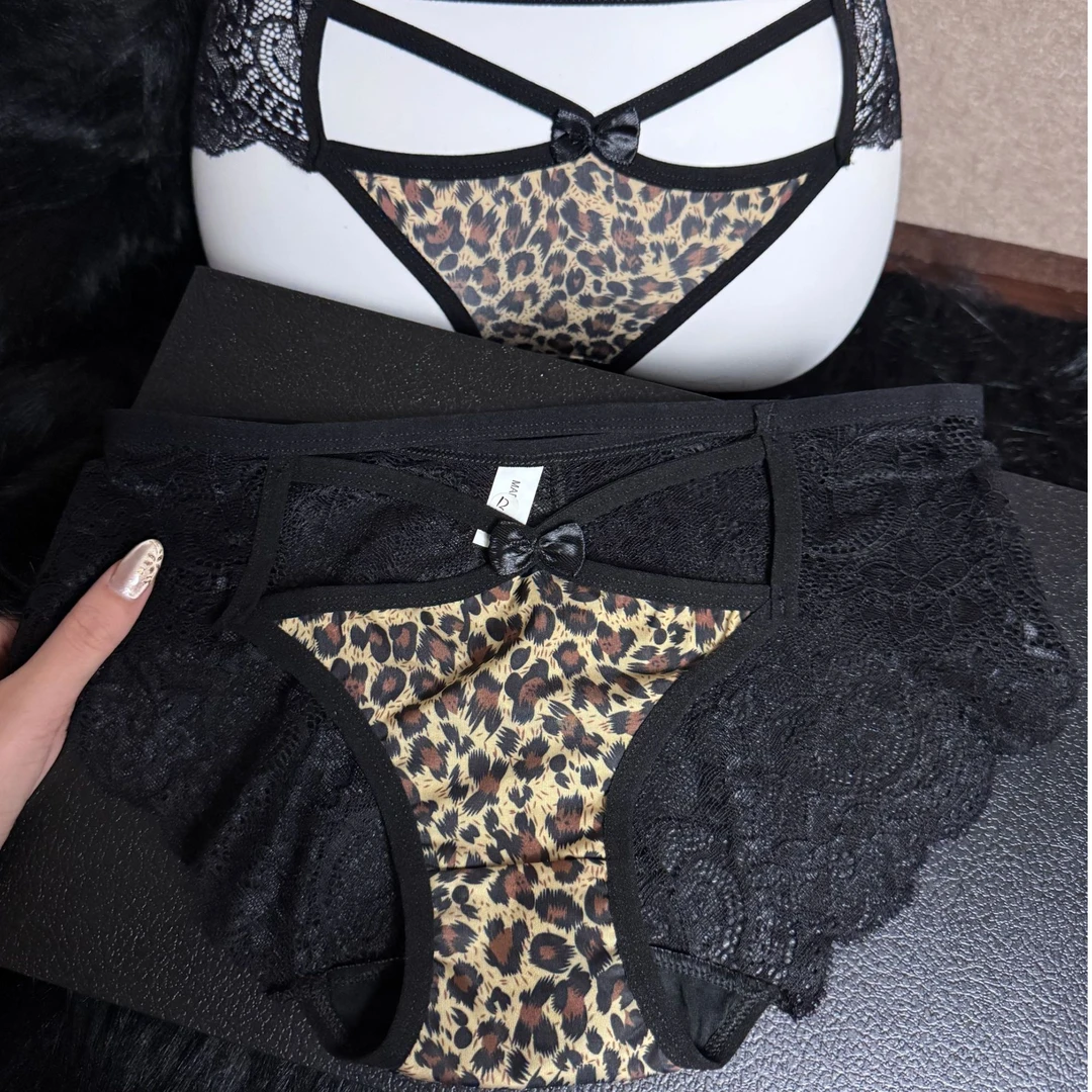 魅力豹豹~蕾丝内裤女豹纹冰丝无痕镂空低腰性感三角裤纯棉