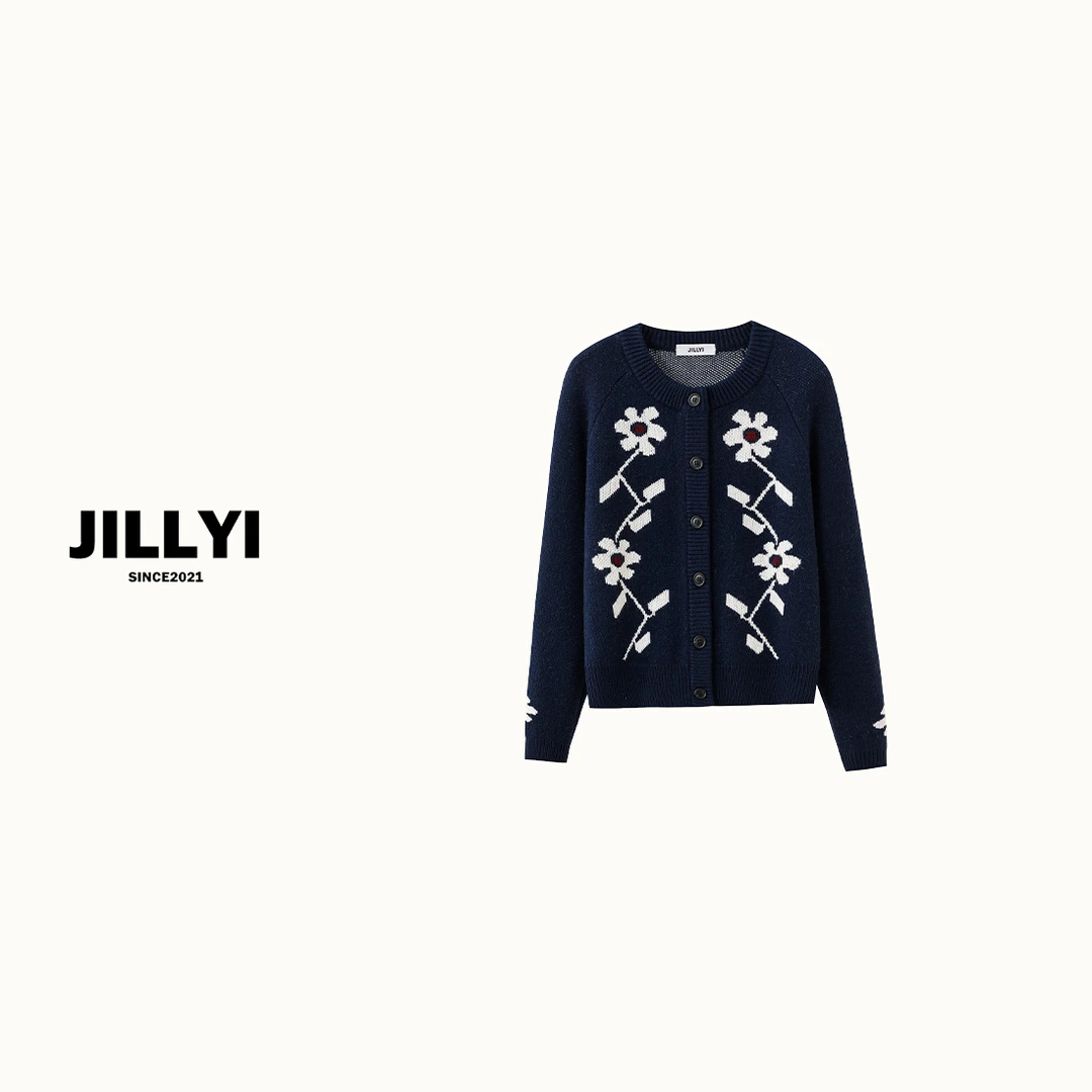 JILLYI珠海店【花朵印记】深蓝色圆领抽象花朵少女风时尚百搭针织开