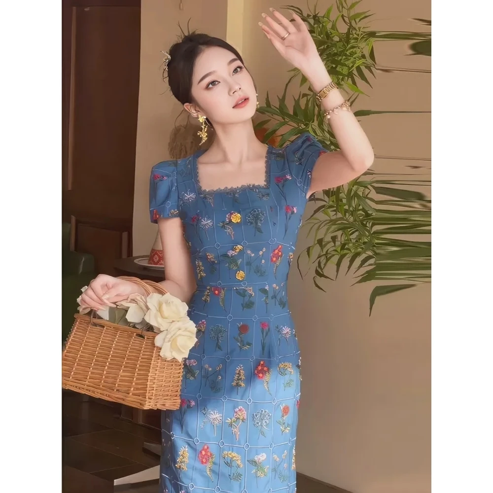 2025巨好看重工旗袍方领连衣裙女夏季新款独特漂亮气质收腰长裙