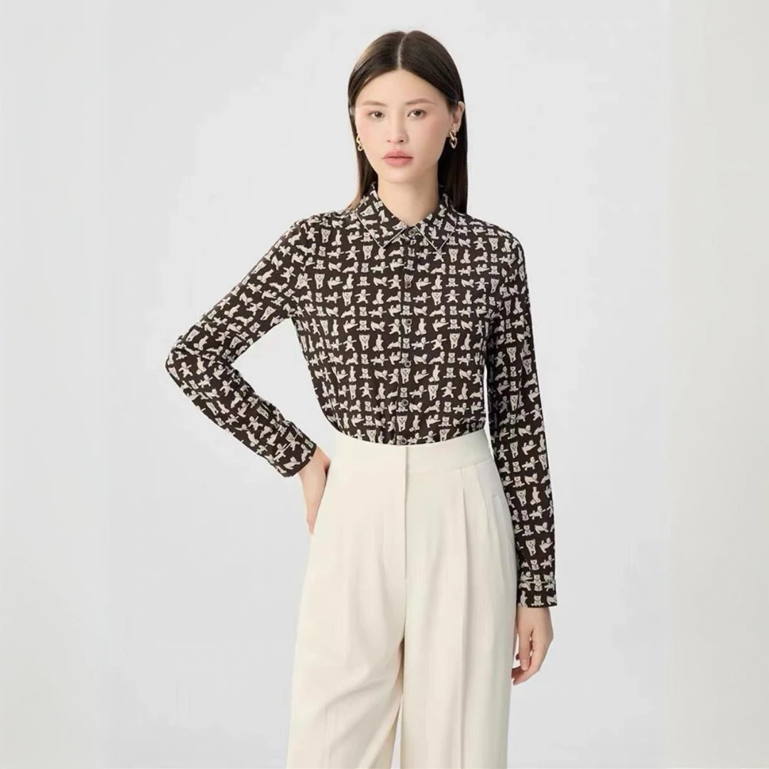 GIRDEAR/哥弟时尚质感通勤简约百搭翻领印花长袖衬衫130073