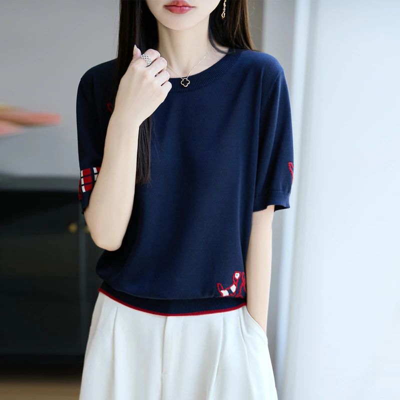 2025年夏季新款圆领针织衫百搭短袖T恤女拼色刺绣小狗上衣时尚