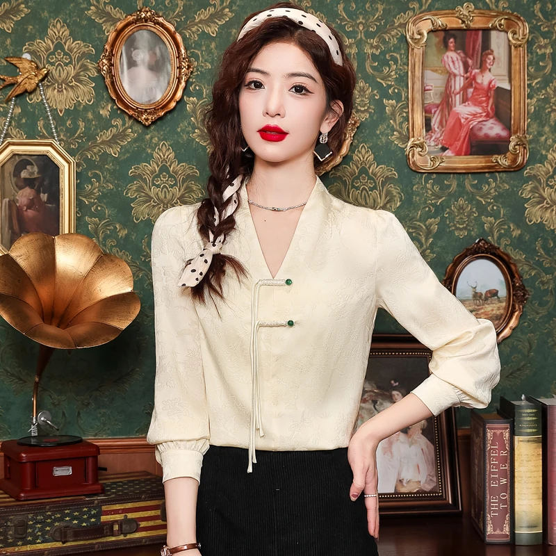 2025年新中式盘扣长袖雪纺衬衫女春季新款复古气质小衫上衣