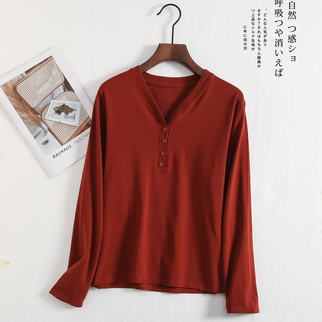冬季新款V领设计款纽扣打底衫长袖修身显瘦百搭简约女打底衫9360