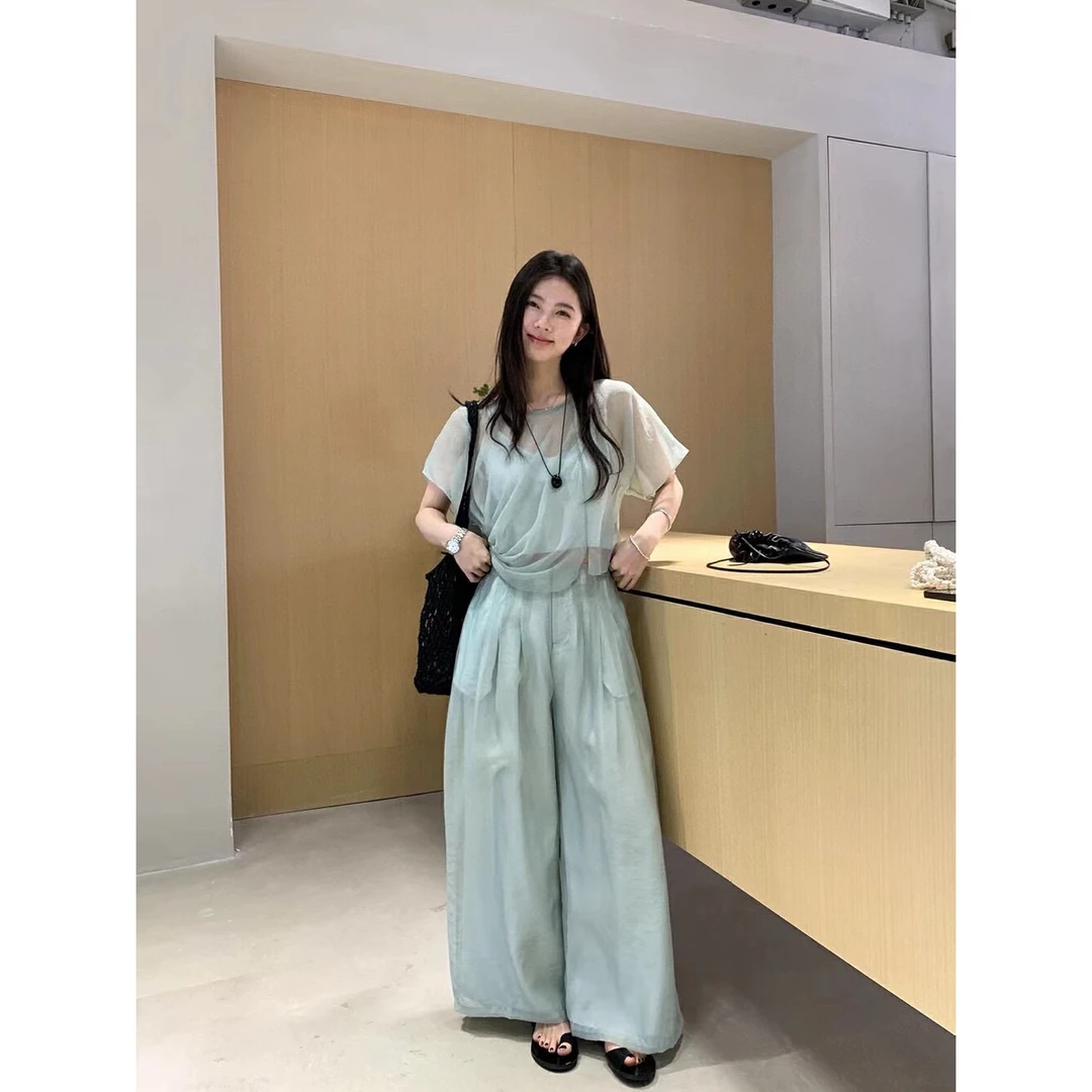SUSU 韩系甜美风层叠纱设计款小衫+吊带+松紧腰休闲裤套装