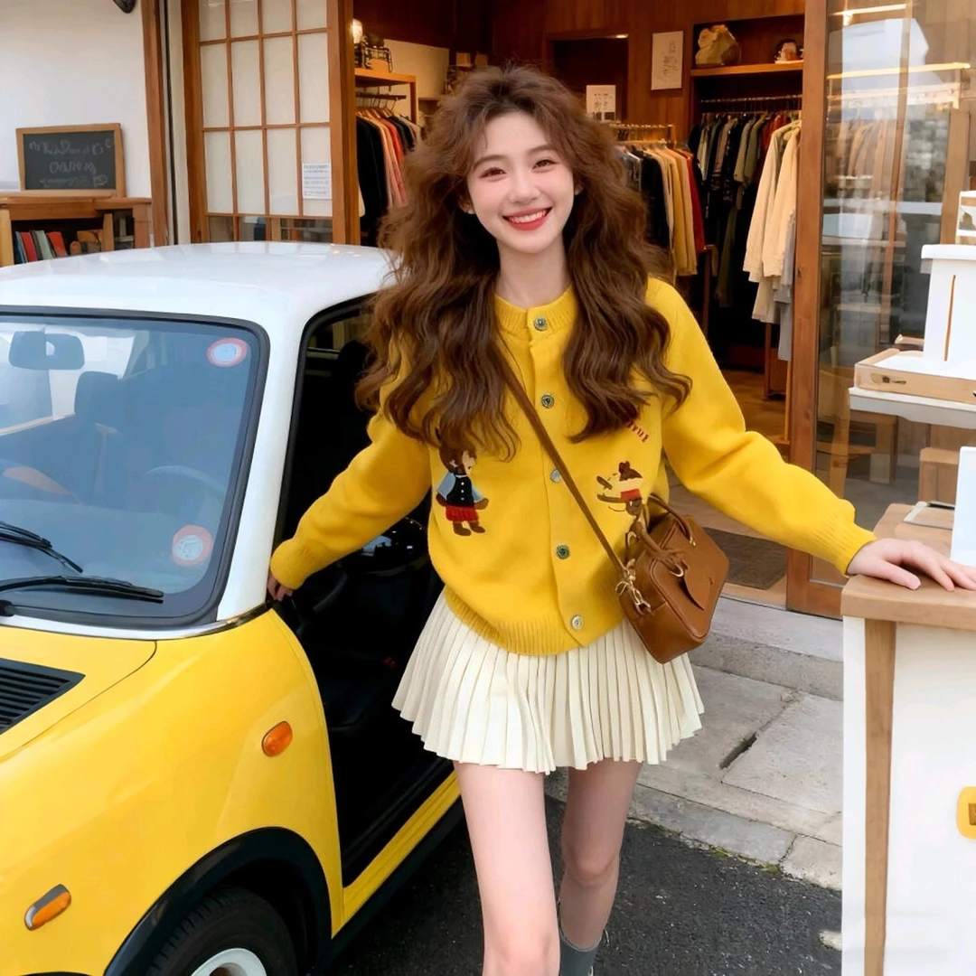 秋装搭配一整套大码胖mm多巴胺黄色卡通针织开衫毛衣百褶短裙套装