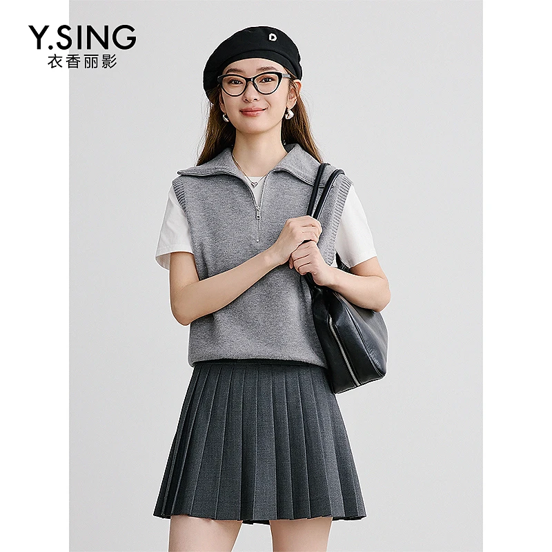 衣香丽影半拉链翻领针织马甲女2025年春季新款宽松学院风灰色上衣