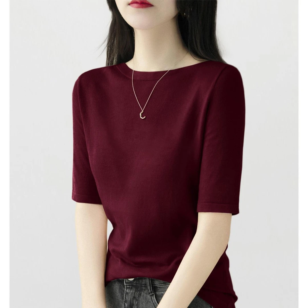 哥弟阿玛施正品时尚新款夏季百搭一字领显瘦上衣2025年薄款五分袖