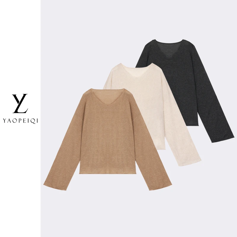 YAOPEIQI现货 夏季宽松百搭亚麻天丝V领防晒毛织罩衫女YP601#2019