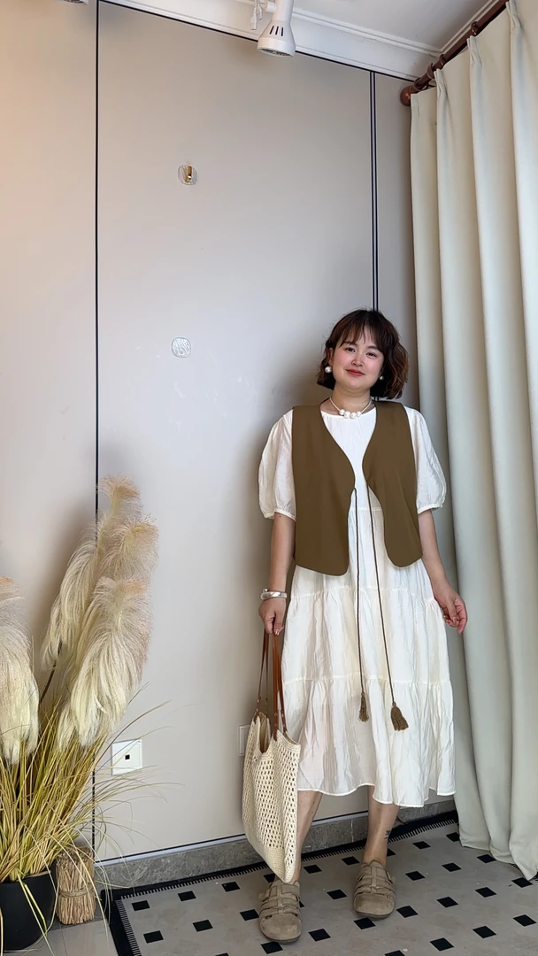 【五爱专属】短袖V领耐脏圆领夏季大码连衣裙高腰成人荡领抽绳