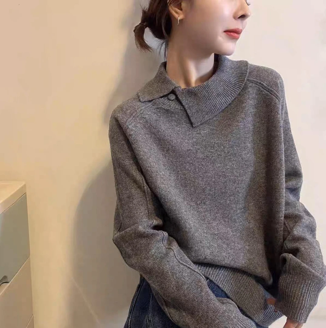 针织毛衣女2025冬季新款欧货设计感斜领慵懒风时尚宽松套头上衣