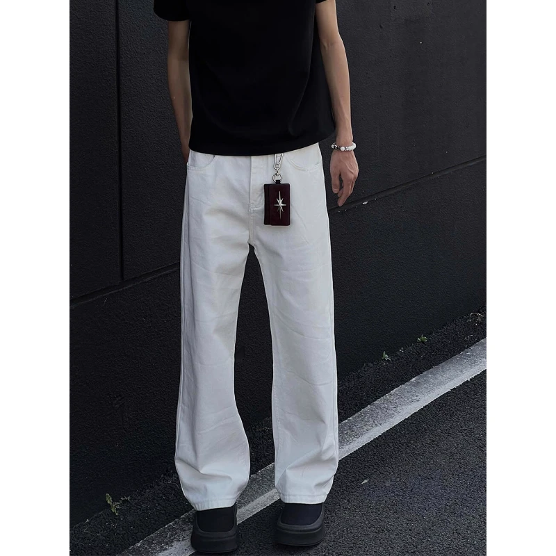 -EQME-美式高街vibe白色牛仔裤男女同款潮流宽松直筒裤子百搭长裤