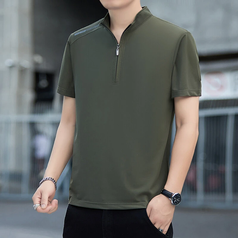 Mexican/稻草人2025夏季新款男士冰丝立领短袖纯色休闲潮流透气T