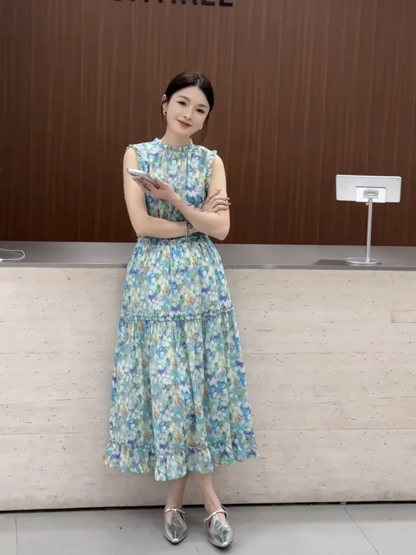 欧洲站2025夏季新款气质优雅收腰显瘦减龄显瘦无休拉链印花连衣裙