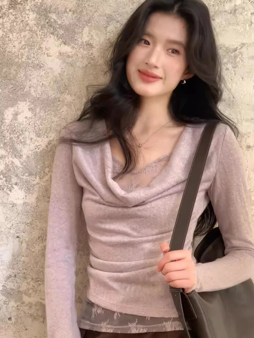 紫色蕾丝拼接弧形荡领一字领打底衫女秋冬褶皱设计感修身显瘦上衣