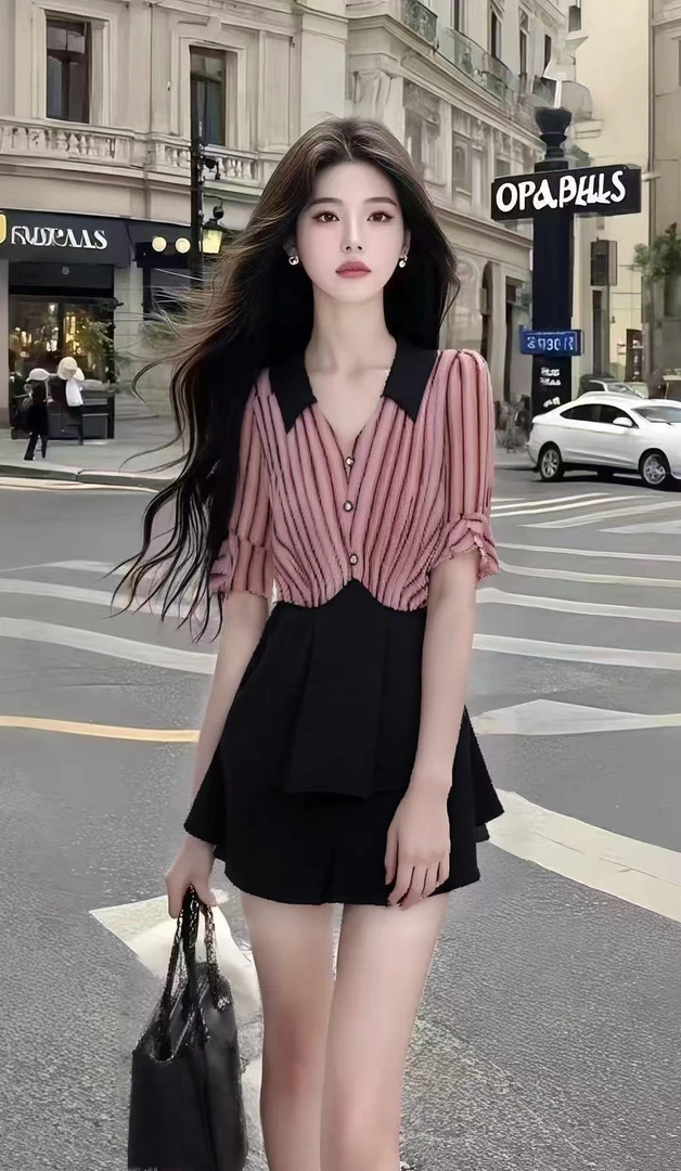 夏季时尚休闲风粉色条纹短袖V领衬衫上衣+黑色高腰半身裙女两件套