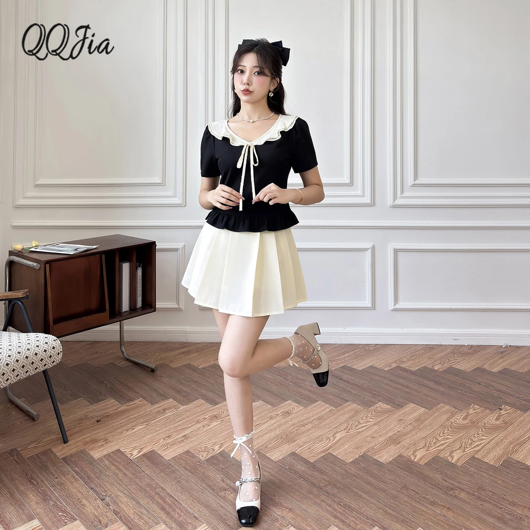 1061丘丘喆小香风时尚女夏季小个子巨好看黑色上衣减龄拼接两件套