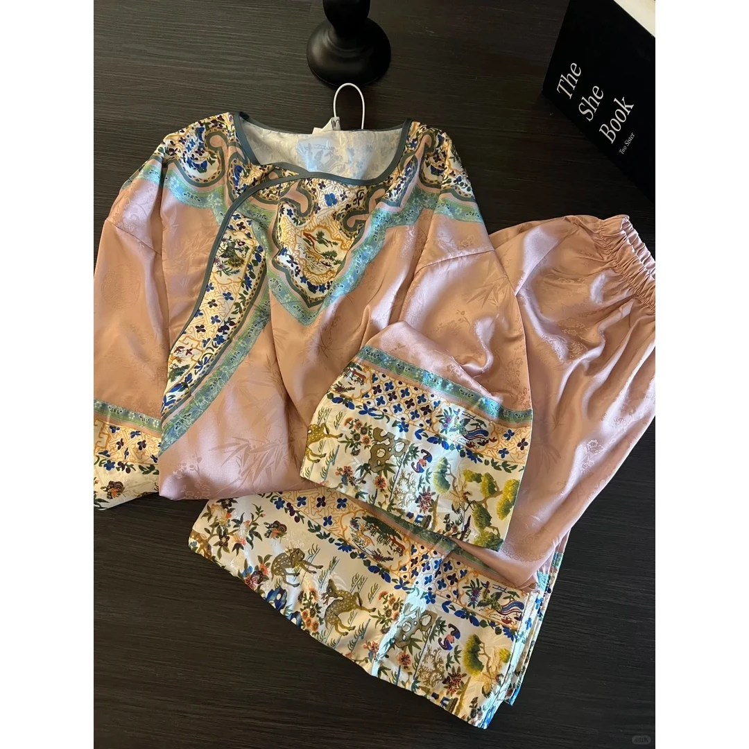 国风新中式复古銮金汉服短袖睡衣女夏季古风长裤套装大码家居服夏